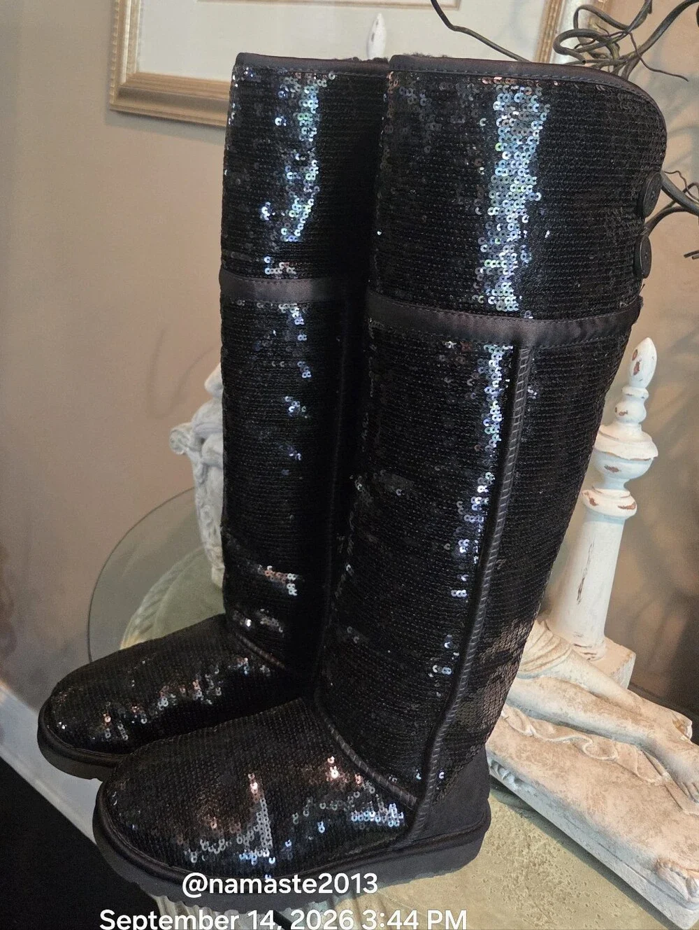 Ugg Over The Knee Bailey Button Sparkles Boot Sequins Shearling Sherpa Fur #814